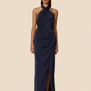 Blue Ruched Halter Maxi Gown for Wedding Guest